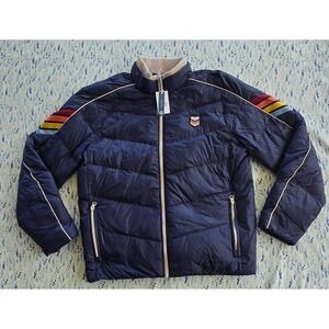 Marine Layer Bode Puffer Jacket Navy Rainbow Stripe Re-Spun Mens Small NEW